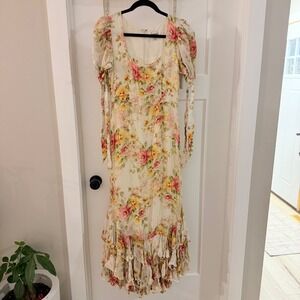 Yumi Kim Lydia Floral Maxi Dress Square Neck Puff Sleeve Ruffle S Cottagecore